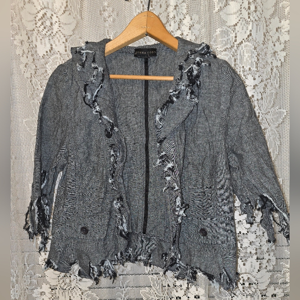 Donna Cody, Black Linen Jacket, Frayed Ends, Tattered, 3/4 Sleeves, Womens 8